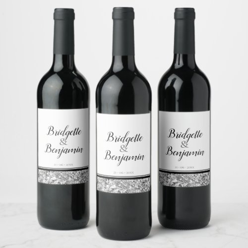 Modern Text Silver and Black Wedding Wine Label