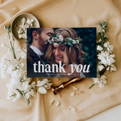 Modern Text  Wedding Two Photo Overlay Thank You Card