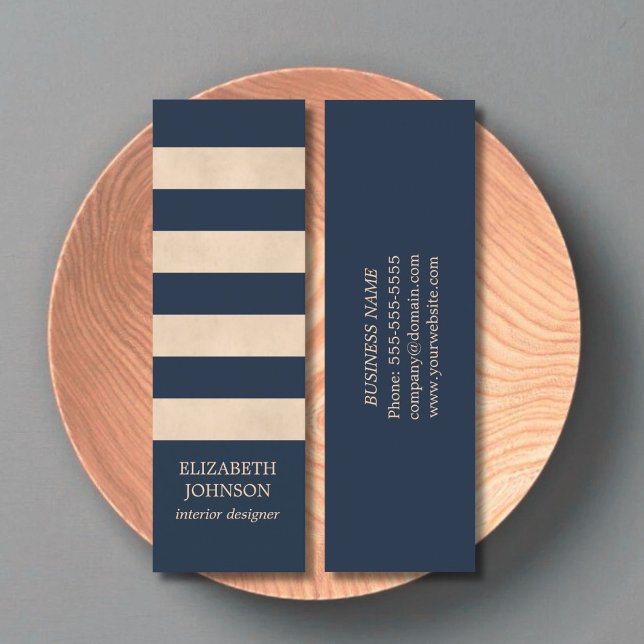 Modern Texture Beige Blue Striped InteriorDesigner Mini Business Card (Creator Uploaded)