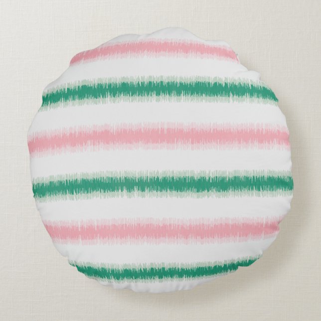 Modern textured pink green ikat stripes patten round pillow (Back)