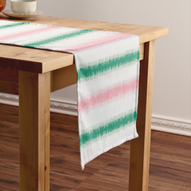 Modern textured pink green ikat stripes patten short table runner (In Situ)