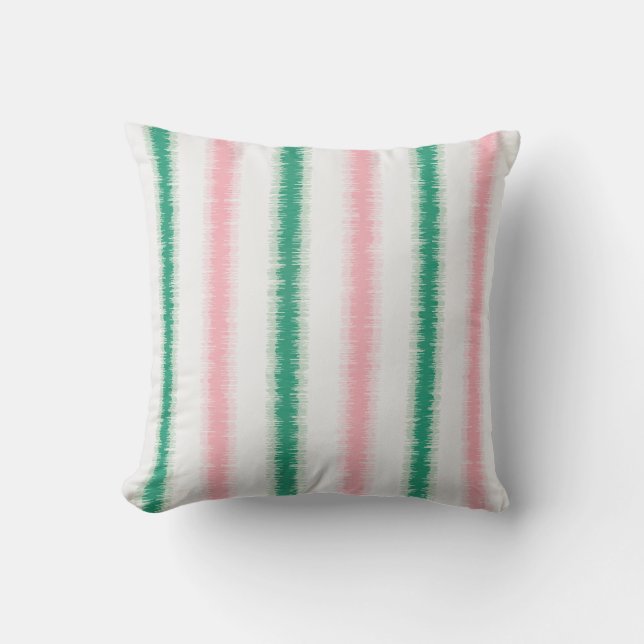 Modern textured pink green ikat stripes patten throw pillow (Front)