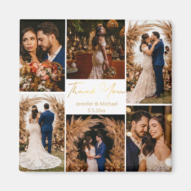modern thank you 6 photos collage wedding gold magnet (Front)