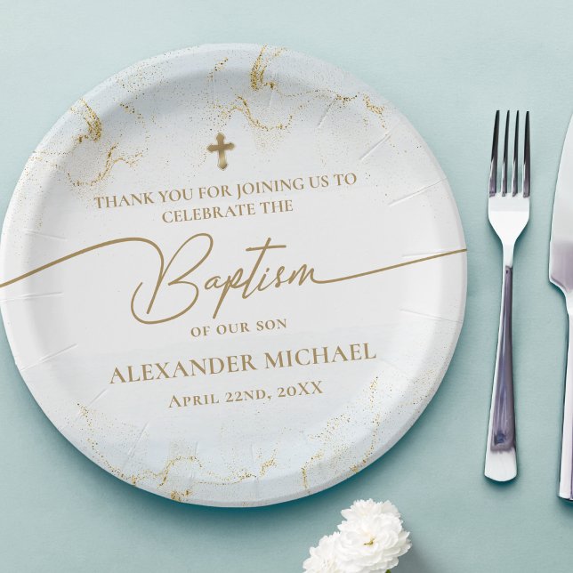 Modern Thank You Blue Gold Cross Boy Baptism Paper Plates (Creator Uploaded)