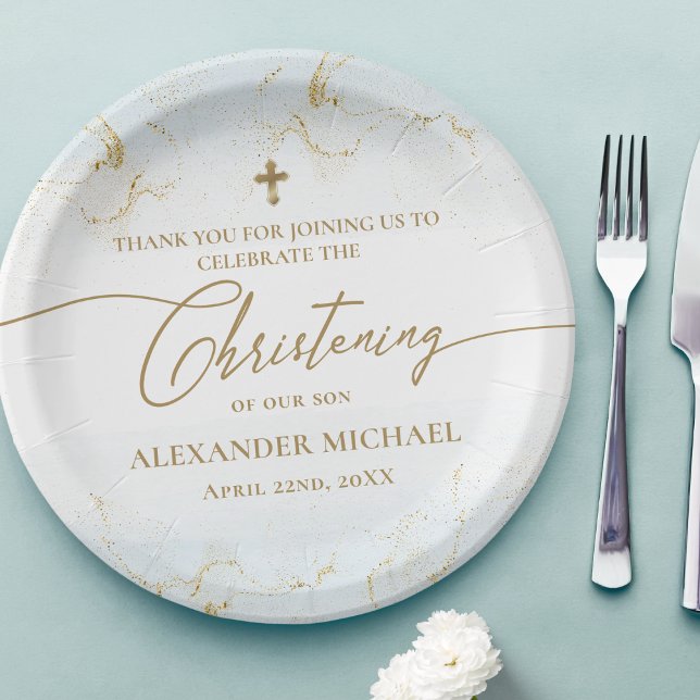 Modern Thank You Blue Gold Cross Boy Christening Paper Plates (Creator Uploaded)