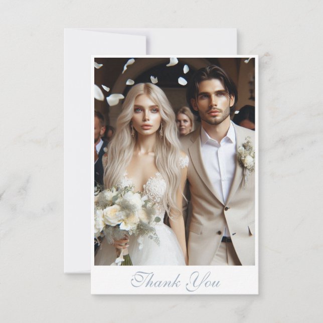 Modern Thank You Card with Photo, Dusty Blue Text (Front)