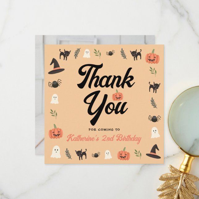 Modern Thank You For Coming Halloween Birthday Card (Front/Back In Situ)