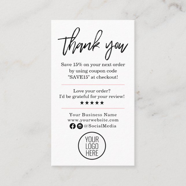 Modern Thank You For Your Order with Logo Business Card (Front)