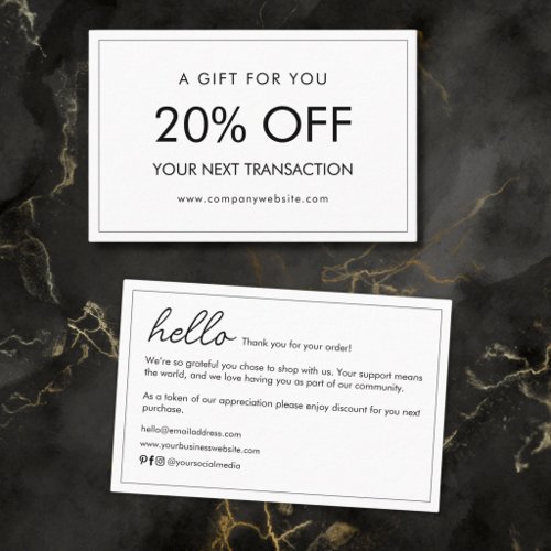 Modern Thank You Gift Discount Voucher Hello White Business Card