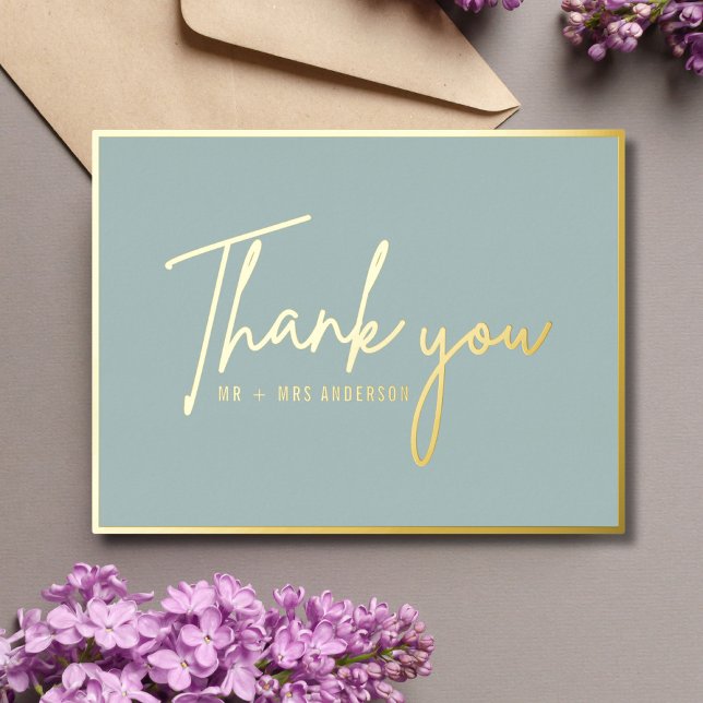 Modern Thank You Handwritten Script Dusty Blue Foil Holiday Postcard (Creator Uploaded)