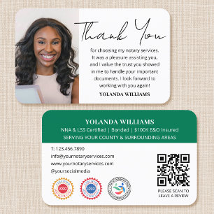 Modern Thank You Notary Public Photo QR Code Green Business Card