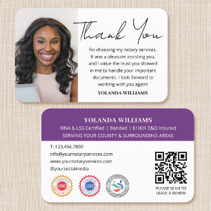 Modern Thank You Notary Public Photo QR Purple Business Card
