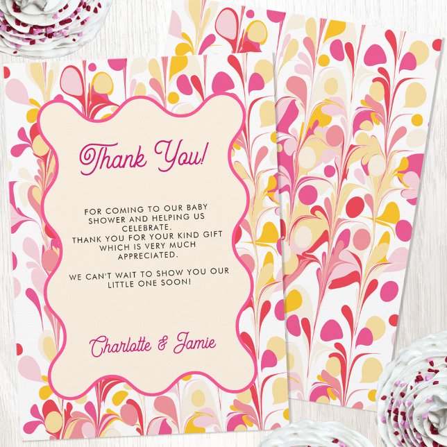 Modern Thank You Retro Abstract Pink Wavy Invitation (Modern retro wavy pink yellow abstract thank you card with custom text)