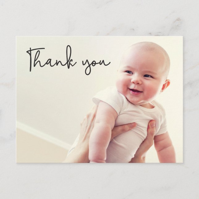 Modern Thank You Script Baby 2 Photos  Announcement Postcard (Front)
