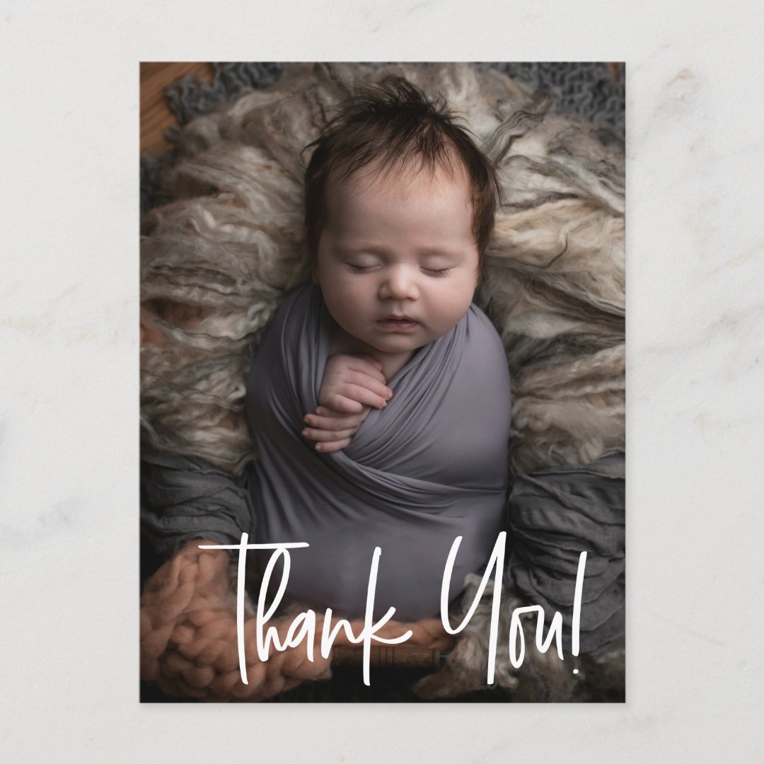 Modern Thank You Script Baby Boy Photo Birth Announcement Postcard | Zazzle