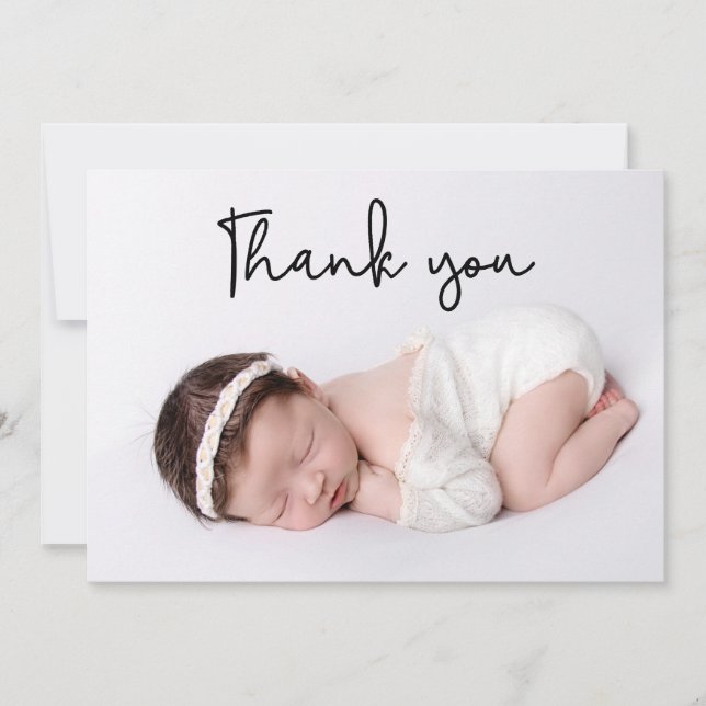 Modern Thank You Script Baby Girl Photo Birth Announcement (Front)
