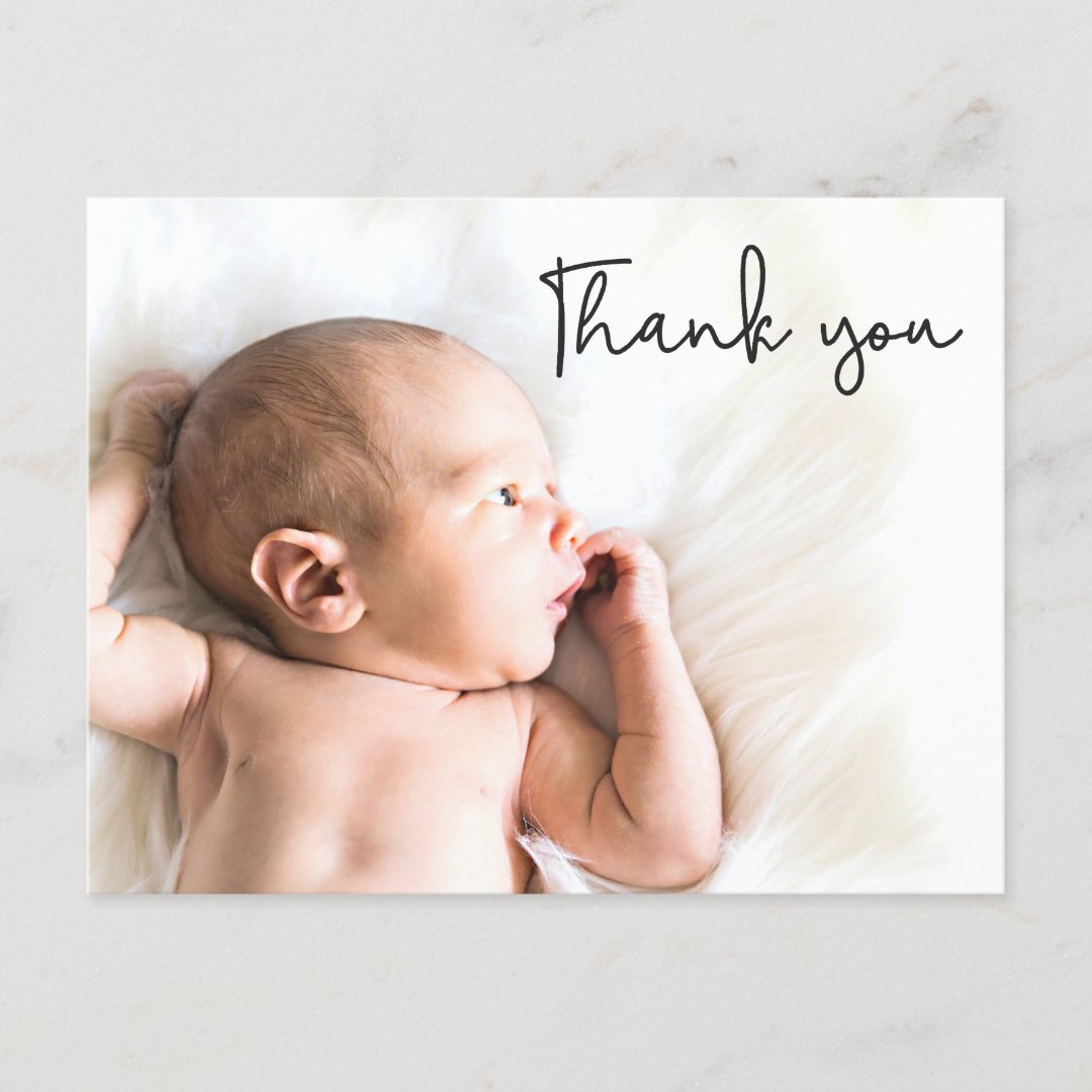 Modern Thank You Script Baby photo Announcement Postcard | Zazzle