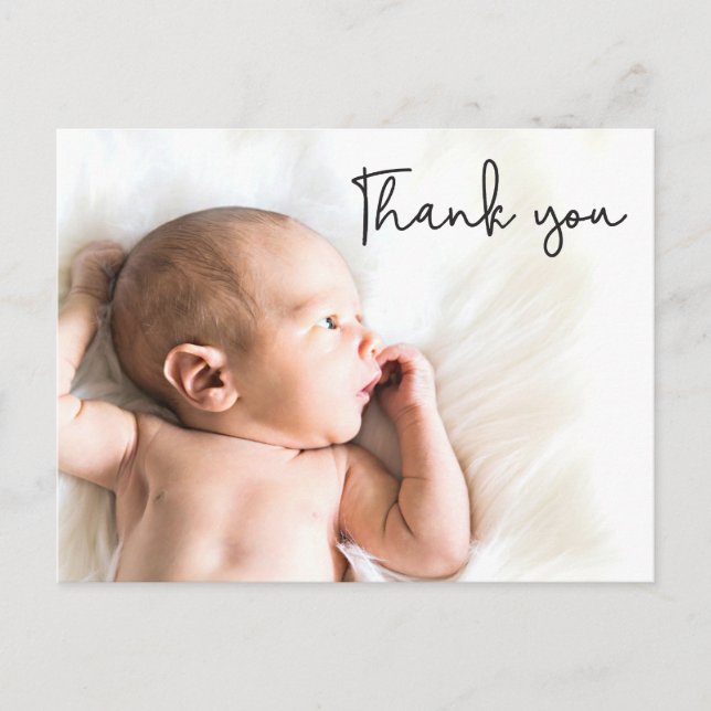 Modern Thank You Script Baby photo Announcement Postcard (Front)