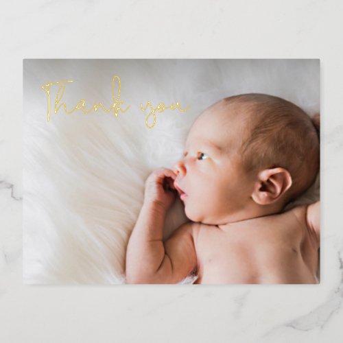 Modern thank you Script Baby photo birth chic gold Foil Holiday Postcard