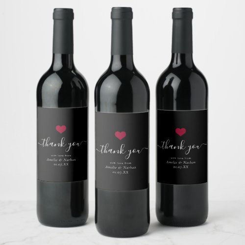 Modern Thank you Script Burgundy Red Heart Wedding Wine Label
