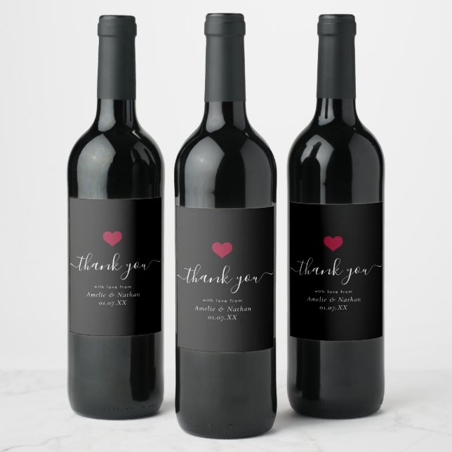 Modern Thank you Script Burgundy Red Heart Wedding Wine Label (Bottles)