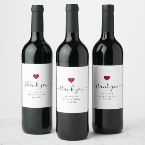 Modern Thank you Script Burgundy Red Heart Wedding Wine Label