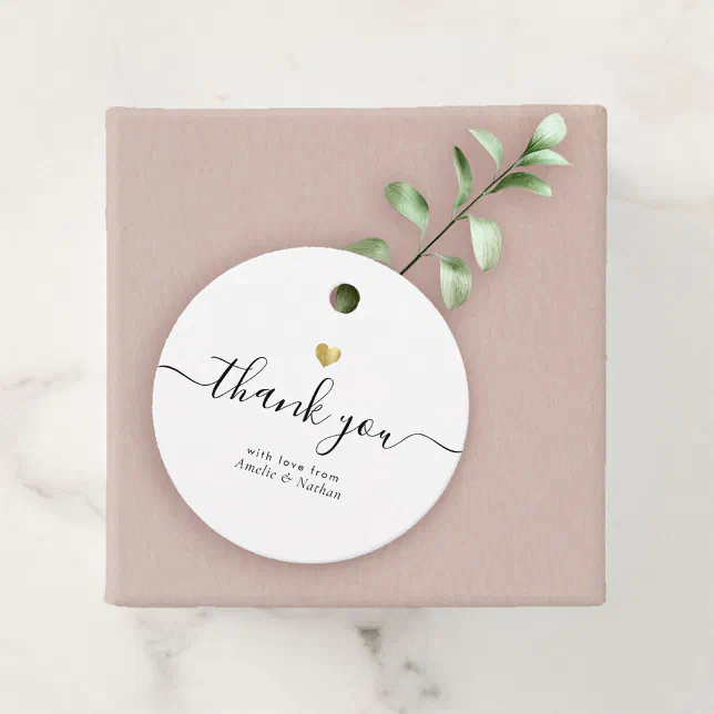 Modern Thank You Script Chic Gold Heart Wedding Favor Tags | Zazzle