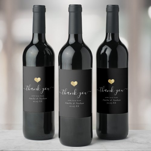 Modern Thank you Script Chic Gold Heart Wedding Wine Label