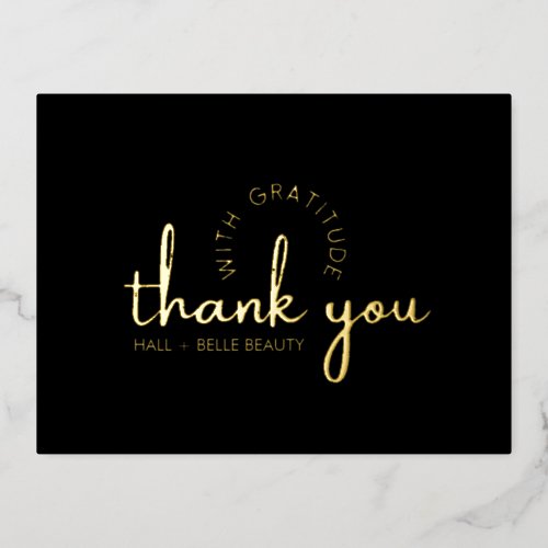 Modern Thank You Script Gold Black Custom Business Foil Holiday Postcard