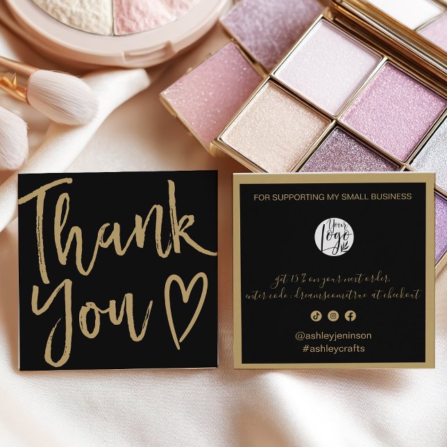 Modern thank you script order gold black square business card (Modern thank you script order gold black square business card)