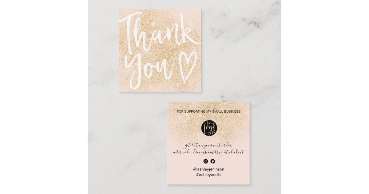 Modern thank you script order gold blush pink square business card | Zazzle