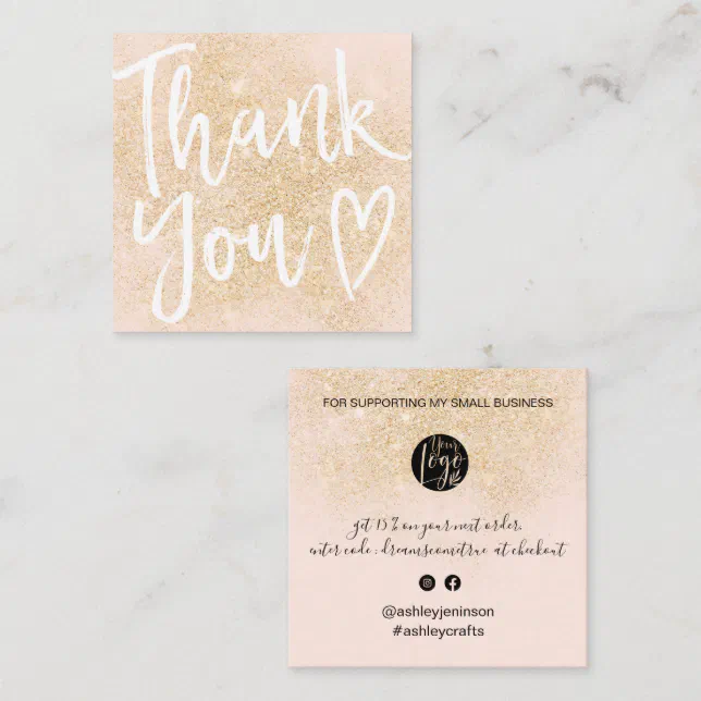 Modern thank you script order gold blush pink square business card | Zazzle
