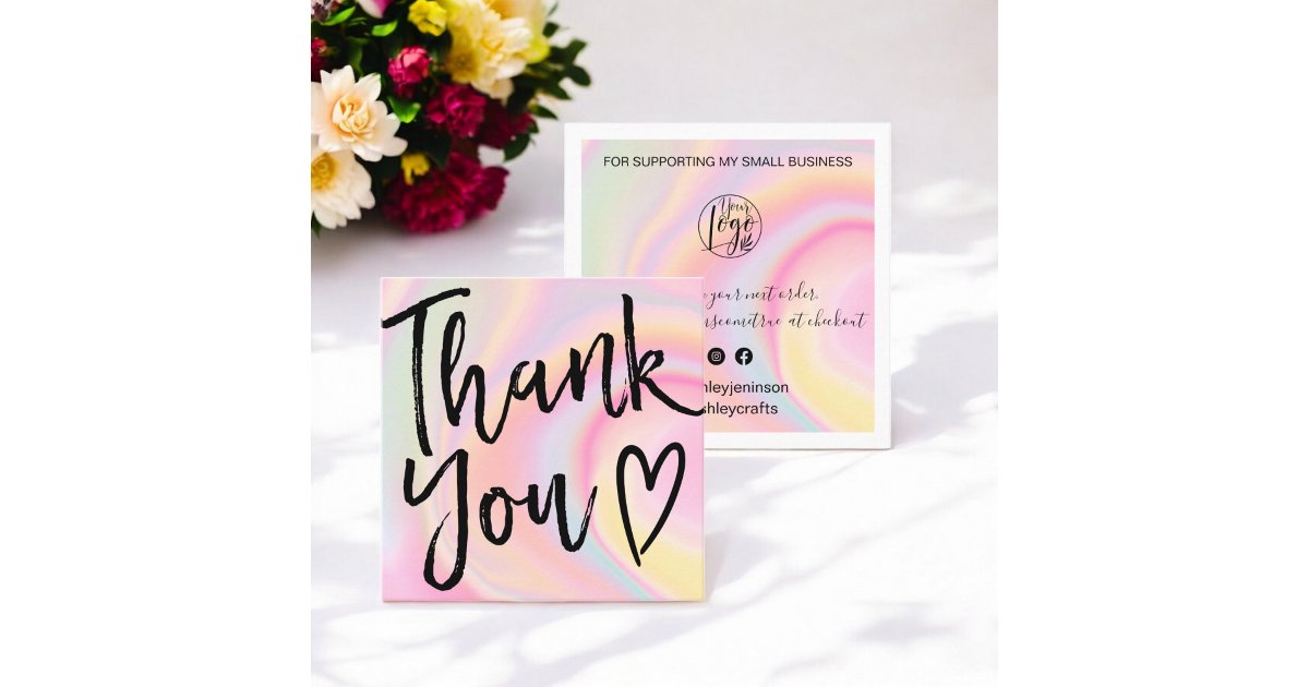 Modern thank you script order holographic square business card | Zazzle