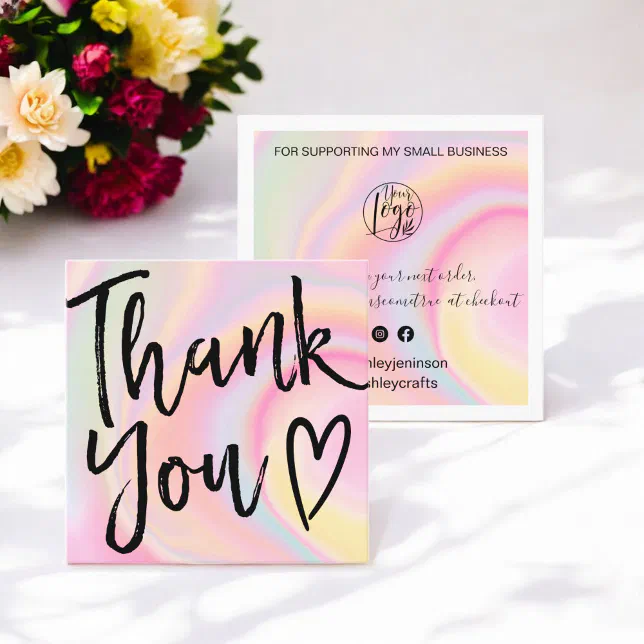 Modern thank you script order holographic square business card | Zazzle
