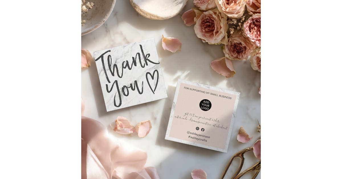 Modern thank you script order marble blush pink square business card ...