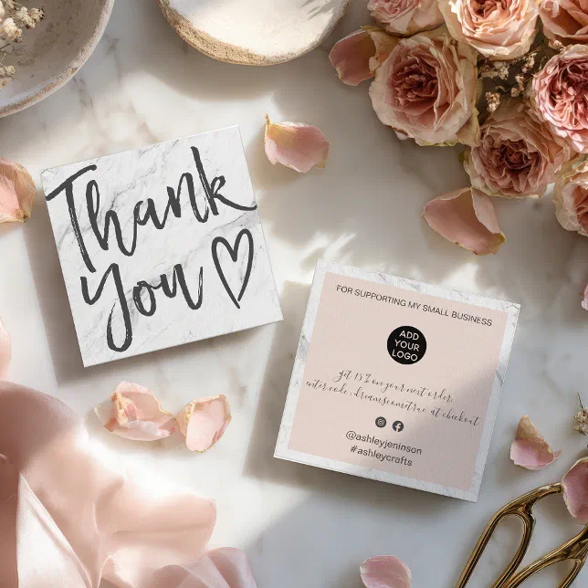Modern thank you script order marble blush pink square business card ...