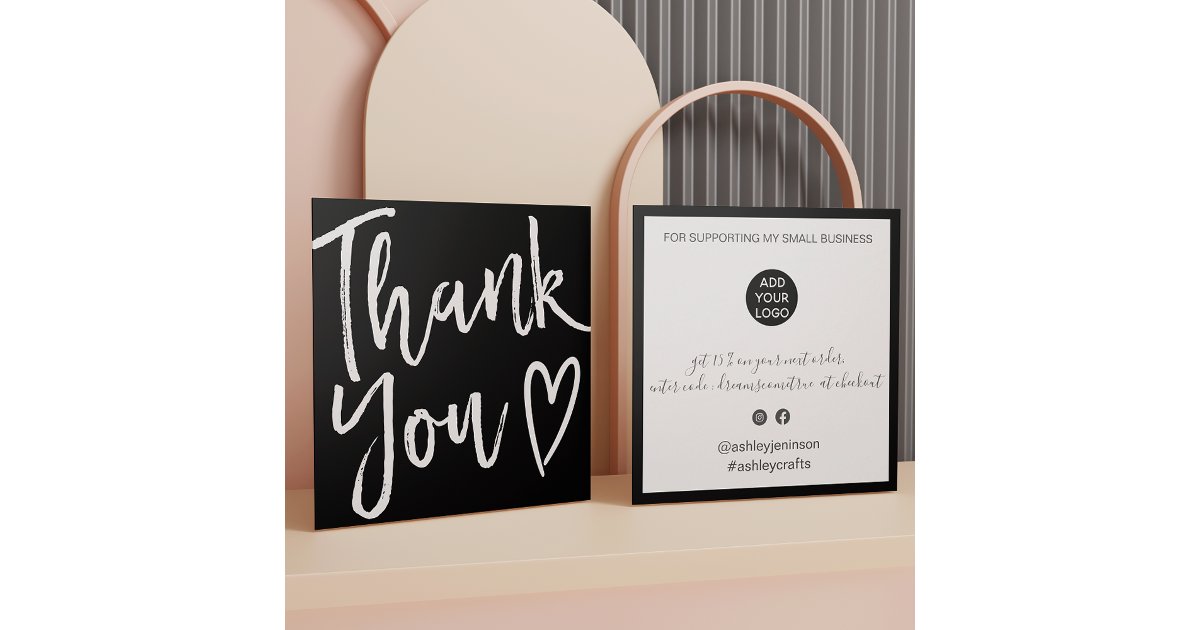 Modern thank you script order minimal black white square business card ...