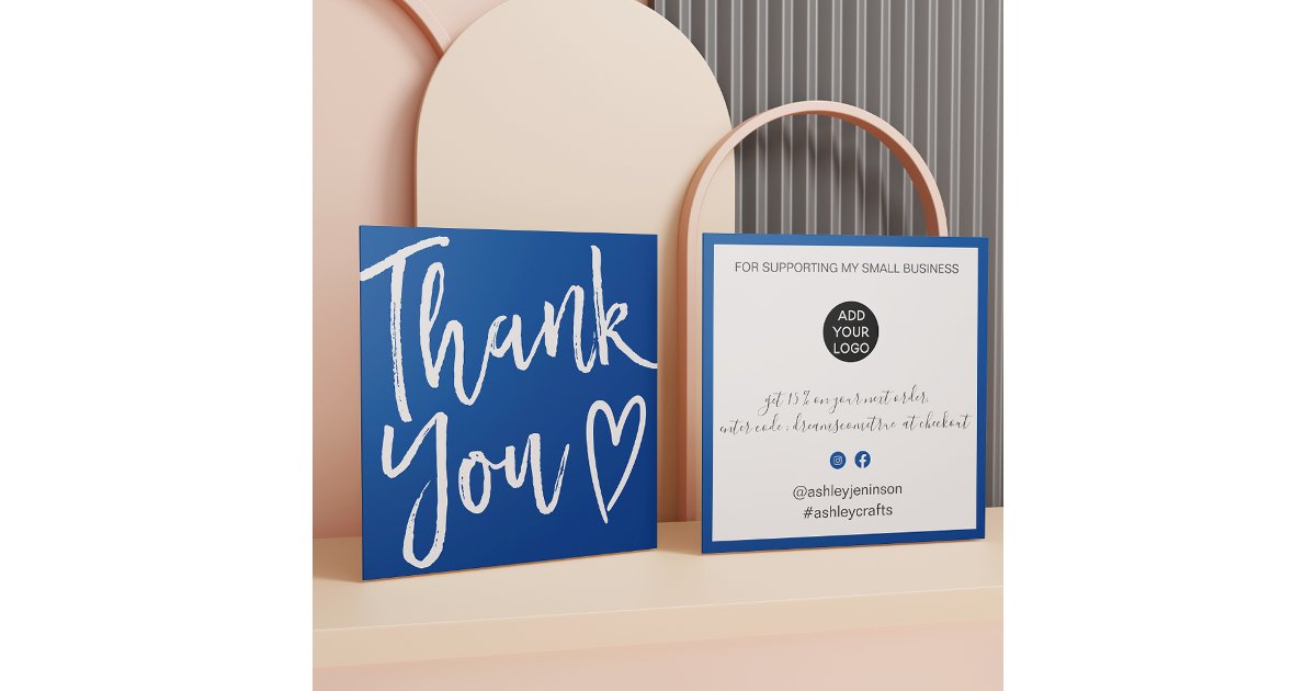 Modern thank you script order minimal chic blue square business card ...