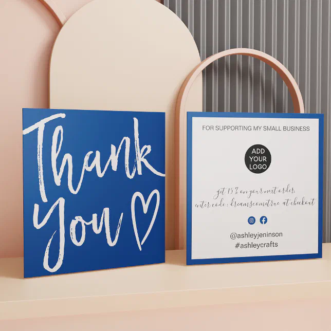 Modern thank you script order minimal chic blue square business card ...