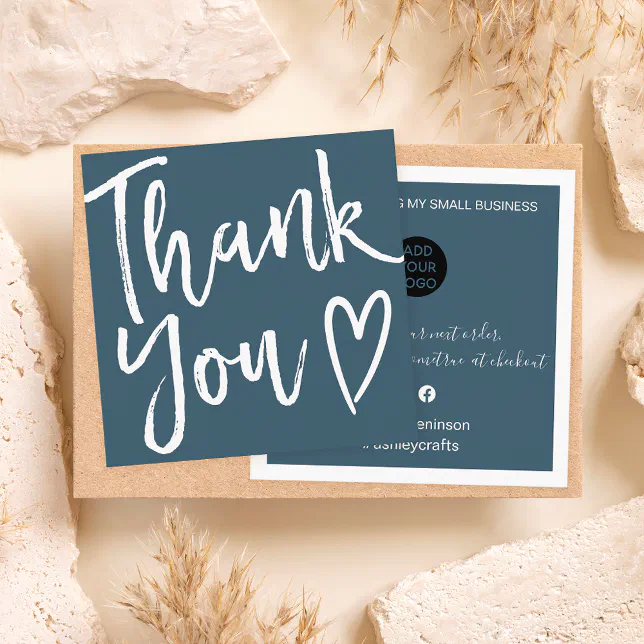 Modern thank you script order minimal dark blue square business card ...