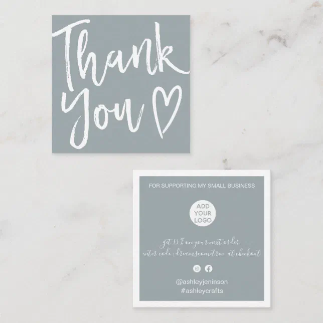 Modern thank you script order minimal dusty blue square business card ...