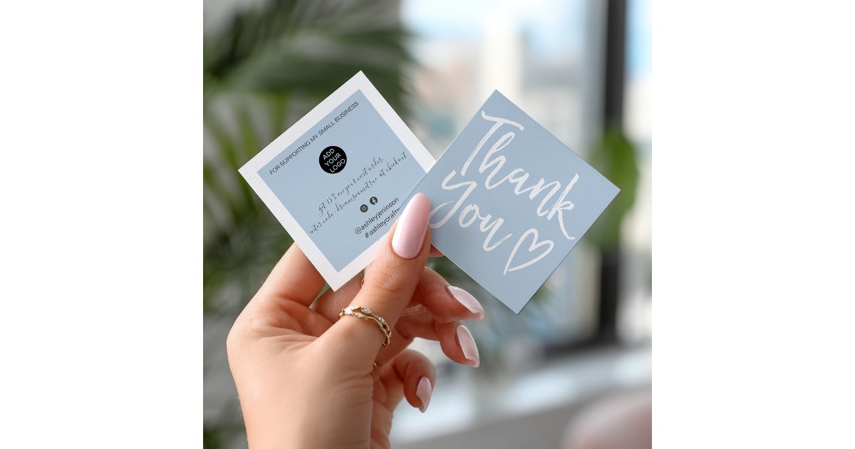 Modern thank you script order minimal dusty blue square business card ...
