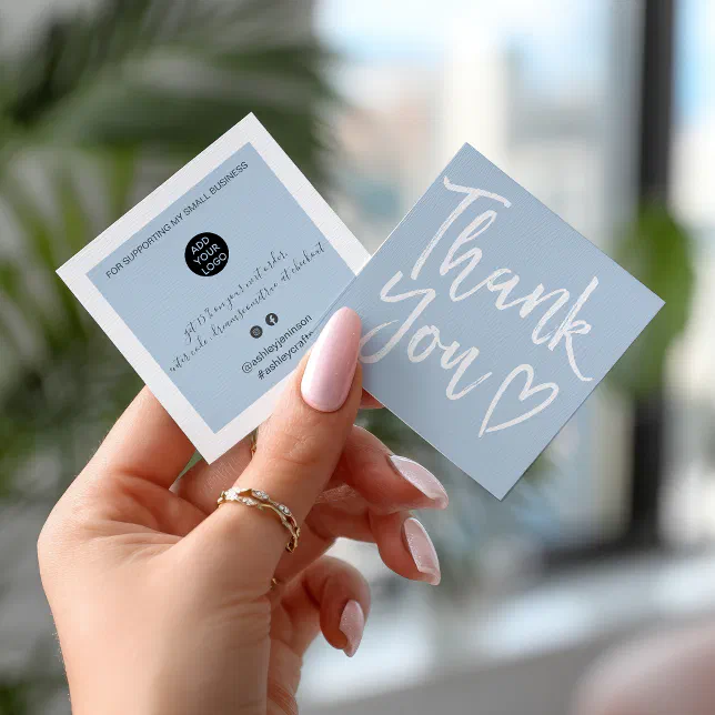 Modern thank you script order minimal dusty blue square business card ...