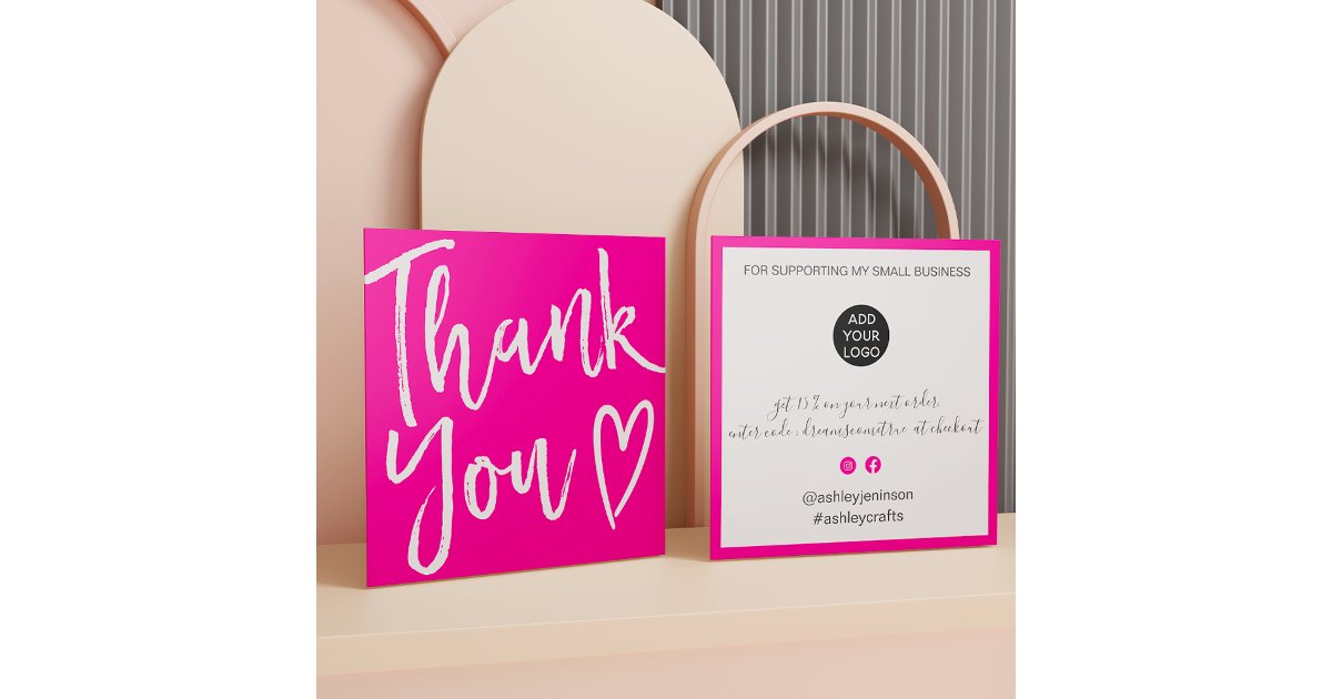 Modern thank you script order minimal hot pink square business card ...