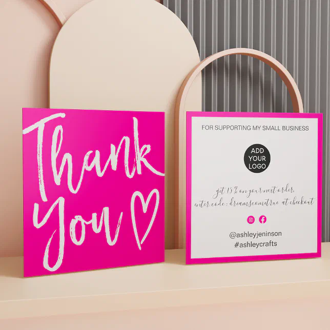 Modern thank you script order minimal hot pink square business card ...