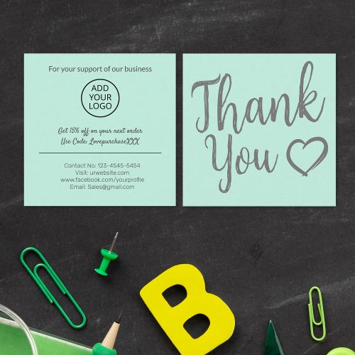 Modern thank you script order minimal mint green square business card