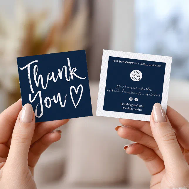 Modern thank you script order minimal navy blue square business card ...