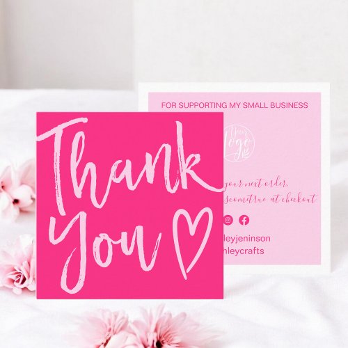 Modern thank you script order minimal neon pink square business card