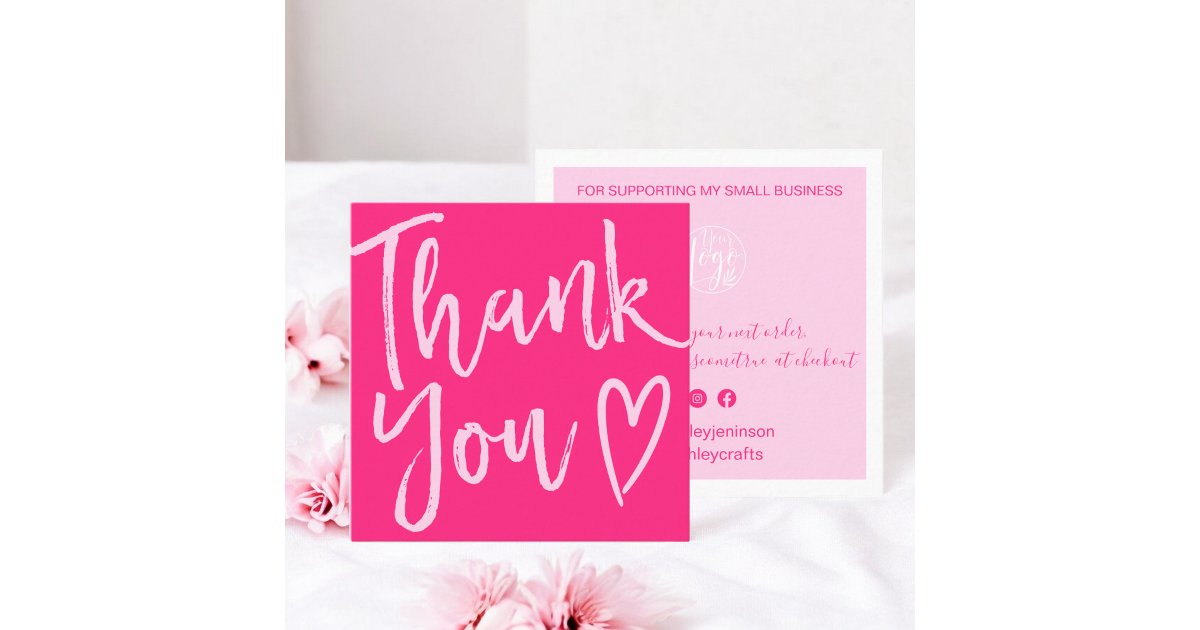 Modern thank you script order minimal neon pink square business card ...