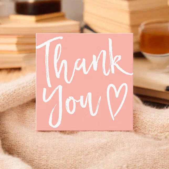 Modern thank you script order minimal pink coral square business card ...